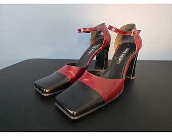 NINE WEST Rot Schwarz Knöchelriemchen Chunky Heels Karree Frauen Pumps Y2K 7.5