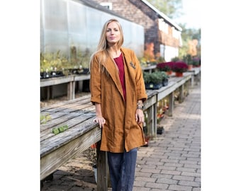 VIKOLINO Coat Women M/L Amber 100% Linen Open Front Duster Lightweight Lagenlook