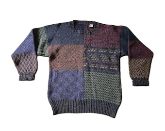 VTG 90s  Brown Burgundy Green Blue Color Block Wool Crew Neck Pullover Sweater M