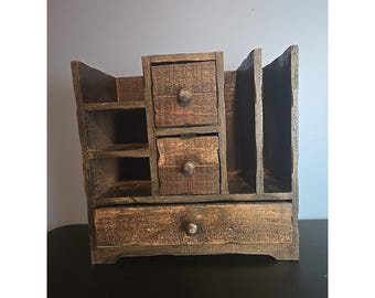 Primitive Aged Dark Wood Tabletop Cupboard Organizer Drawers Slots Grandpa Style