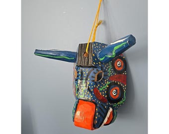 Máscara de danza de madera de Guatemala tallada y pintada a mano, decoración de pared, toro con cuernos