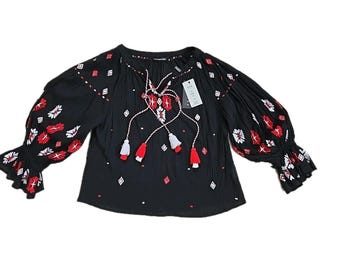 KAS NY Blusa Campesina Bordada Elegante para Mujer Boho Manga Globo L Borlas