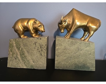 Stock market Bookends Gatco Bear & Bull Wall Street Brass On Marble Vtg Heavy