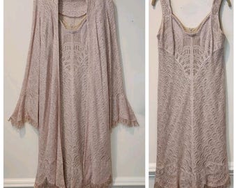 Conjunto de 2 piezas Damianou Ivory Pink Lace: vestido, chaqueta con flecos, estilo flapper, art déco, Gatsby, talla M