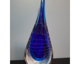 Escultura de vidrio artístico vintage de Murano (?) en forma de lágrima, dos tonos de azul / burbujas controladas