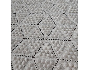 Vintage Ecru Popcorn Stitch Bedspread Cover Tablecloth Hand Crocheted 59" x 82"