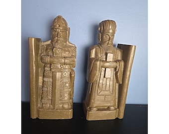 Carved Soapstone Asian Scholar Soldier Warrier Figures Bookends 9" Tall Vtg Set