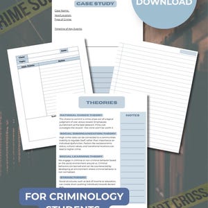May include: A collection of crime scene study documents, including case study templates and theory notes. The documents are designed for criminology students, professionals, and true crime fans. A blue circle with "PDF DOWNLOAD" text is also present.