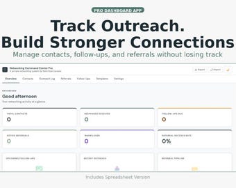 Networking Tracker | Job Search CRM & Referral Tracker Spreadsheet + Dashboard App | Contact + Follow Up Organizer