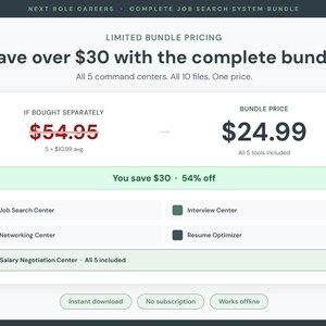 May include: A digital graphic promoting a job search system bundle. The image highlights a savings of over $30 with the complete bundle, priced at $24.99. It lists five command centers and ten files, with options for instant download and offline use.