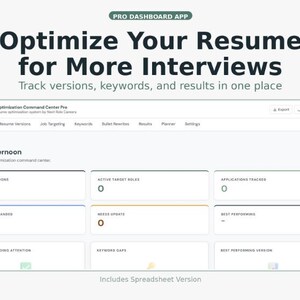 Può includere: Interfaccia del dashboard digitale con il testo "Ottimizza il tuo curriculum per più colloqui". L'interfaccia visualizza versioni del curriculum, parole chiave e risultati. L'app si chiama Resume Optimization Command Center Pro.