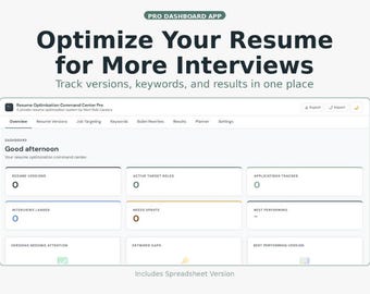 Resume Optimization Dashboard | Keyword Tracker, ATS Planner (Instant Download)