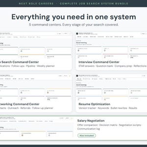 May include: A graphic showcasing a job search system bundle. The image highlights five command centers: Job Search, Interview, Networking, Resume, and Salary Negotiation. Each center is represented by a digital interface with various features and tools for job seekers.