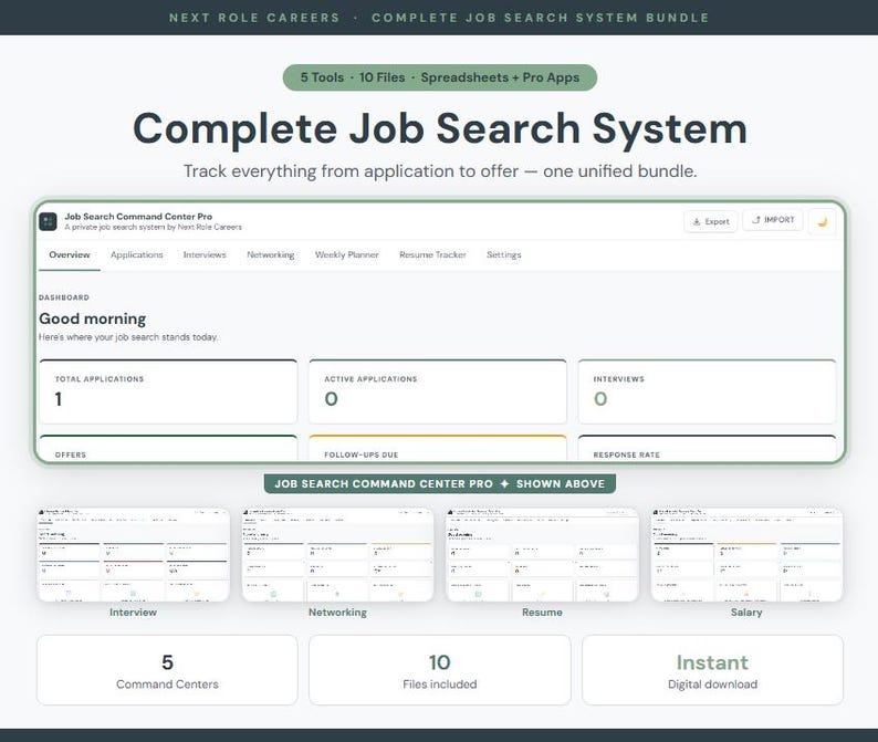 May include: A digital product interface titled "Complete Job Search System." The interface displays a dashboard with application tracking, interview details, and networking tools. The product includes 5 tools, 10 files, spreadsheets, and pro apps. The text "Job Search Command Center Pro" is also visible.