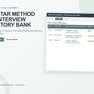 Może przedstawiać: Cyfrowy szablon banku historii do rozmów kwalifikacyjnych metodą STAR dla programów Excel i Google Sheets. Interfejs przedstawia tabelę zatytułowaną NEXT ROLE CAREERS - STAR Interview Story Bank z kolumnami na numer historii, nazwę, umiejętności i status.