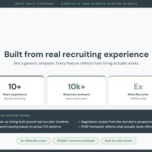 May include: A white webpage with the text "Built from real recruiting experience." The page highlights "10+ years experience," "10k+ resumes reviewed," and "Ex Meta Recruiter." Additional text explains the system's features, including recruiter timelines and keyword tracking.
