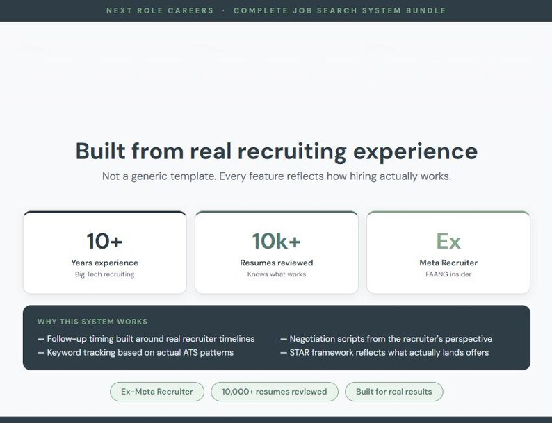May include: A white webpage with the text "Built from real recruiting experience." The page highlights "10+ years experience," "10k+ resumes reviewed," and "Ex Meta Recruiter." Additional text explains the system's features, including recruiter timelines and keyword tracking.