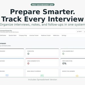 May include: Screenshot of the Interview Command Center Pro dashboard app. The interface is white with dark text, displaying sections for upcoming interviews, questions practiced, and weak answers to fix. The text reads "Prepare Smarter. Track Every Interview."