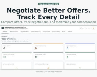 Salary Negotiation Tracker | Job Offer Comparison Tool Spreadsheet + Dashboard App | Compensation Planner & Negotiation System
