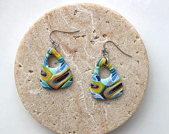 Tropical Swirl Triangle Cutout Earrings Pyolmer Clay Earrings- Hypoallergenic stainless steel- handmade