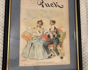 1896 Puck Magazine Original Color Cover Page – Ehrhart Victorian Romance Art, Framed
