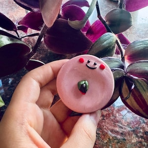 Puede incluir: Un objeto redondo de cerámica rosa con una cara sonriente y puntos rojos. Un pequeño detalle verde y rojo está en el centro. El objeto se sostiene frente a un fondo de hojas moradas y verdes.