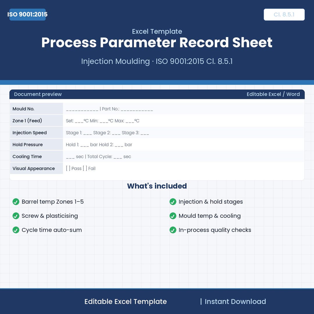 Injection Moulding Process Parameter Record Sheet — ISO 9001 Excel ...