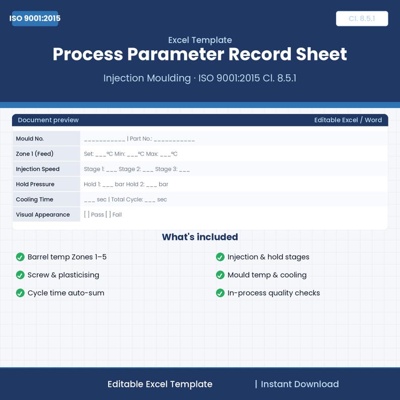 Injection Moulding Process Parameter Record Sheet — ISO 9001 Excel ...
