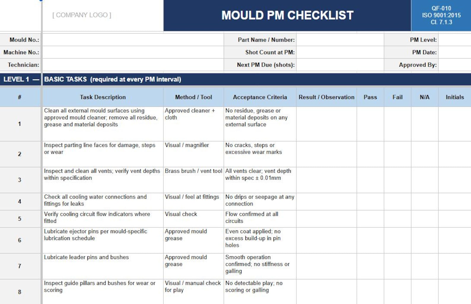 Injection Mould PM Checklist Excel Template — ISO 9001 Preventive ...