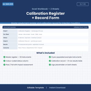 ISO 9001 Kalibreringsregister + Record Mall Excel — Kalibreringslogg för mätutrustning