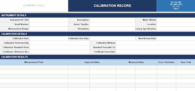 ISO 9001 Calibration Register + Record Template Excel — Measuring ...