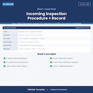 Puede incluir: Documento azul y blanco titulado "Procedimiento + Registro de inspección entrante" con una tabla que describe los niveles, la escalada y las comprobaciones visuales. Incluye una lista de verificación de los elementos incluidos.