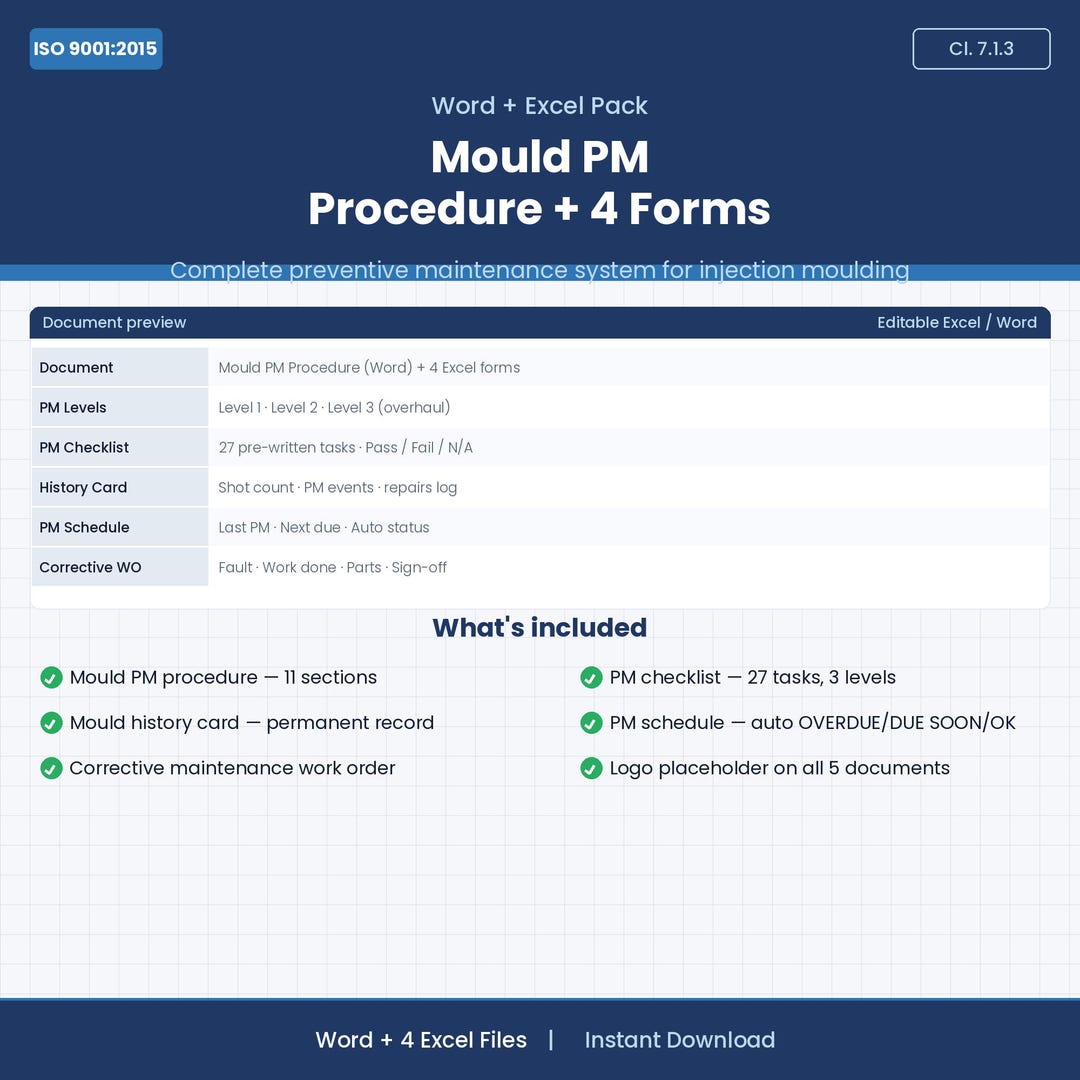 Pm Machine Form Injection Mould PM Procedure + Forms — ISO 9001 Word Excel Preventive ...