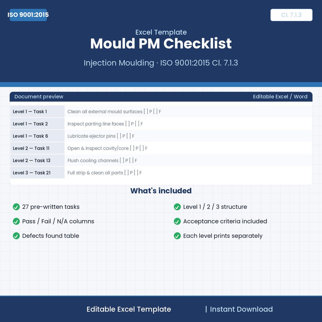 Injection Mould PM Checklist Excel Template — ISO 9001 Preventive ...
