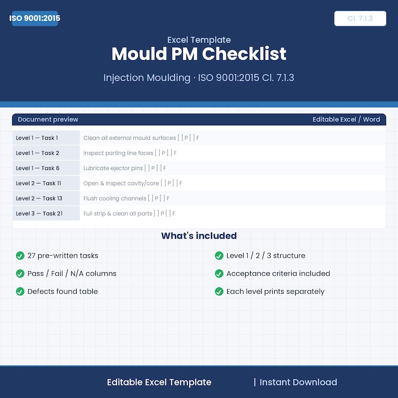 5s Injection Molding Machine Checklist Injection Mould PM Checklist Excel Template — ISO 9001 Preventive ...