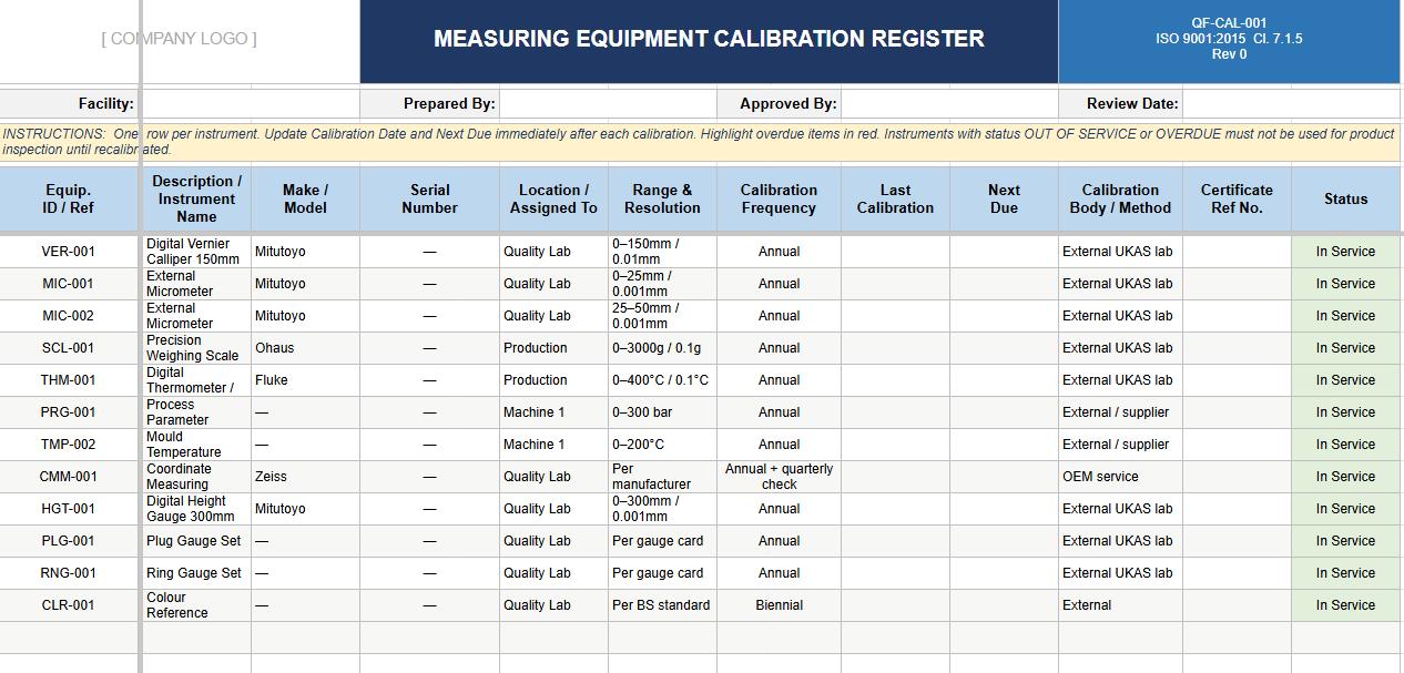 ISO 9001 Calibration Register + Record Template Excel — Measuring ...