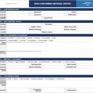 Op de afbeelding: Een gedetailleerd formulier voor een Non-Conforming Material Report met meerdere secties. Het document heeft een blauwe koptekst met de titel en revisiegegevens. Secties omvatten NCMR-identificatie, onderdelen- en materiaaldetails en niet-conformiteitsbeschrijving.