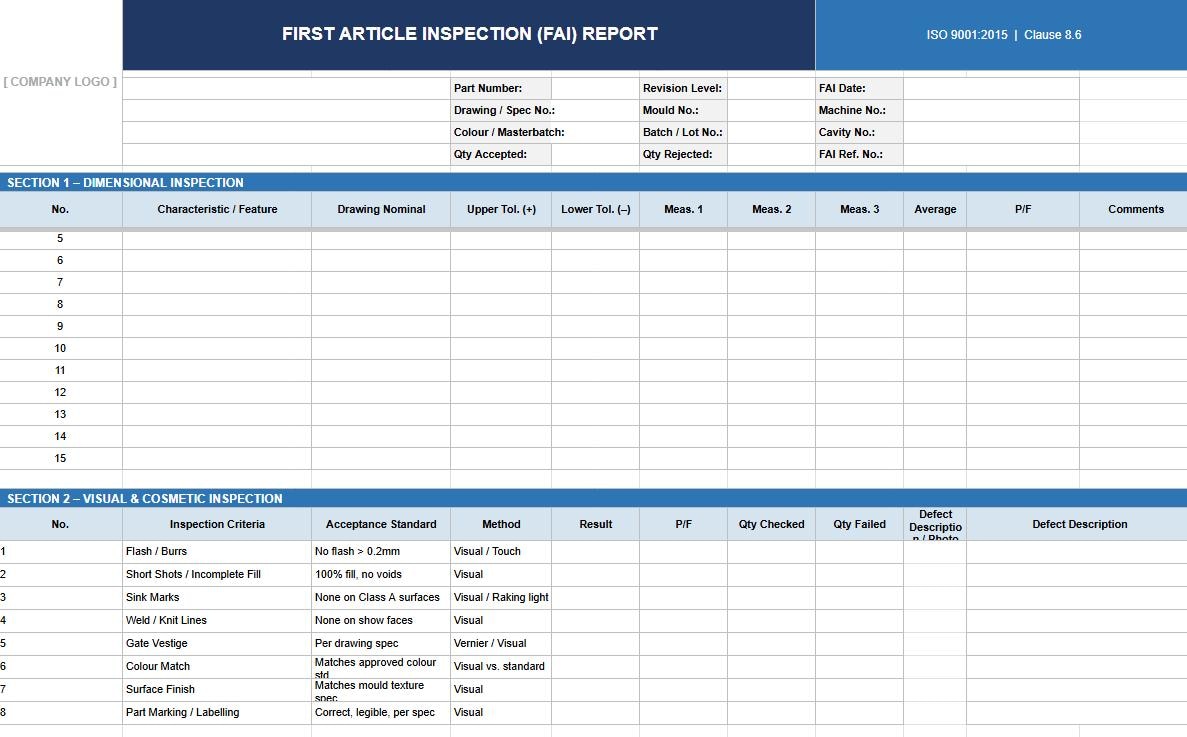 First Article Inspection Report Template — Injection Moulding ISO 9001 ...