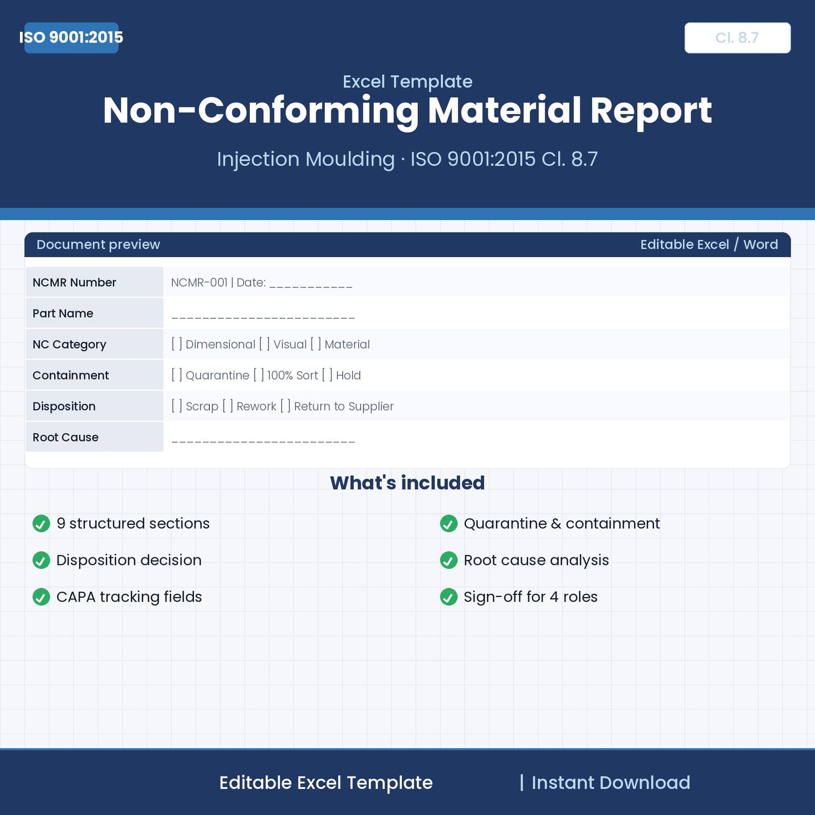 ISO 9001 Non-conforming Material Report Template — Injection Moulding ...