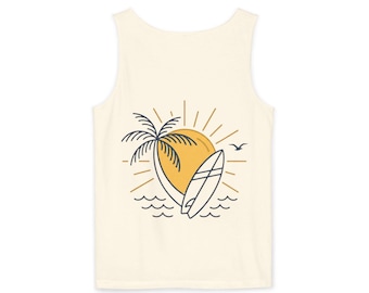 Surfboard Palm Tree Sunset Tank Top | Beach Wave Graphic