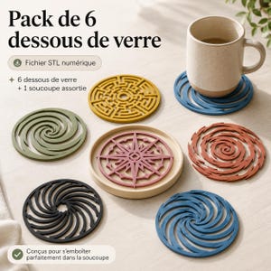 Pack de 6 dessous de verre spirale STL – Motifs vortex et mandala pour impression 3D