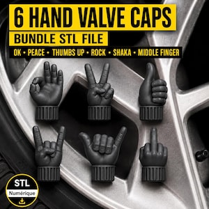 Puede incluir: Un conjunto de seis tapones de válvula negro mate con forma de manos en varios gestos, incluyendo el signo OK, signo de paz, pulgar arriba, signo de rock, signo shaka y dedo medio. El texto 6 HAND VALVE CAPS BUNDLE STL FILE aparece arriba.