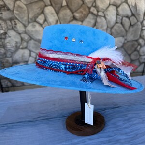 Patriotic Red White & Blue Wide-Brim Hand Painted Fedora CLASSIC WIDE BRIM HOMETOWN UNISEX HAT. Click to purchase  main image 4