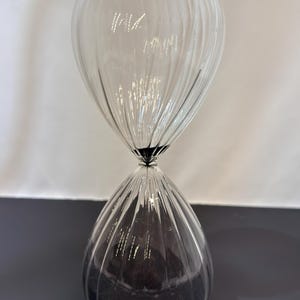 Vintage 2 Hour Glass Hourglass, 120 Minute Sand Timer, Ribbed Clear Art Glass Black Sand, Sculptural Desk Decor