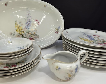 Vintage Schirnding Bavaria Geschirrset, 18-teilig, US-Zone, Deutschland, Wildblumenporzellan, Goldrand, deutsches Geschirrset aus den 1940er Jahren