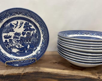 Set with 11 Vintage Blue Willow Rim Soup Bowls 7.5” Marked Blue White Transferware