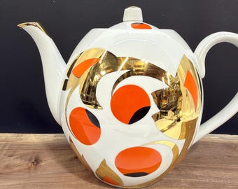 Vintage Verbilki Golden Apples Teapot, Large Soviet USSR Porcelain, A A Chekulina, Paradise Apples Russian Teapot