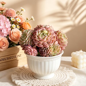 May include: A white ceramic pedestal bowl filled with pink and green succulents. The bowl sits on a cream-colored macrame coaster. A wooden box of flowers and a bubble candle are also in the image.