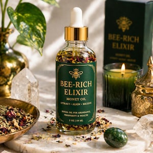 May include: A clear glass bottle of "Bee-Rich Elixir" money oil with a gold cap and dropper. The label is dark green with gold text and a bee graphic. The bottle is surrounded by dried flowers, a green candle, and a small green stone. The text on the label reads "ATTRACT, ALIGN, RECEIVE".