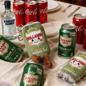 K&ouml;nnte beinhalten: Eine Auswahl an Getr&auml;nken und Pl&uuml;schtieren auf einem Tisch. Enth&auml;lt rote Coca-Cola-Dosen, gr&uuml;ne Canada Dry Ginger Ale-Dosen, eine Flasche WBSLLLO BILDIKA und zwei Pl&uuml;schtiere in Form von Ginger Ale-Dosen mit dem Text "HOLLANOV GINGER ALE".